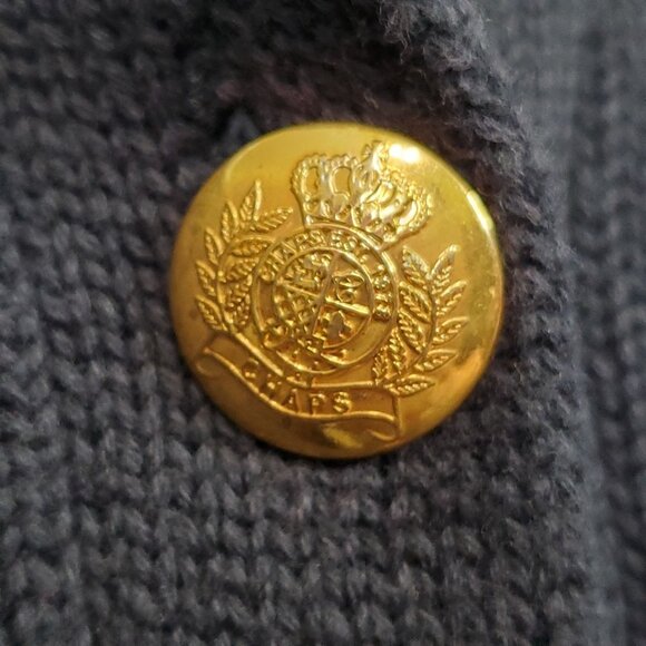 Chaps Womens Size L Cardigan Cotton Sweater Shawl Collar Gold Buttons Crest Navy - Picture 10 of 12